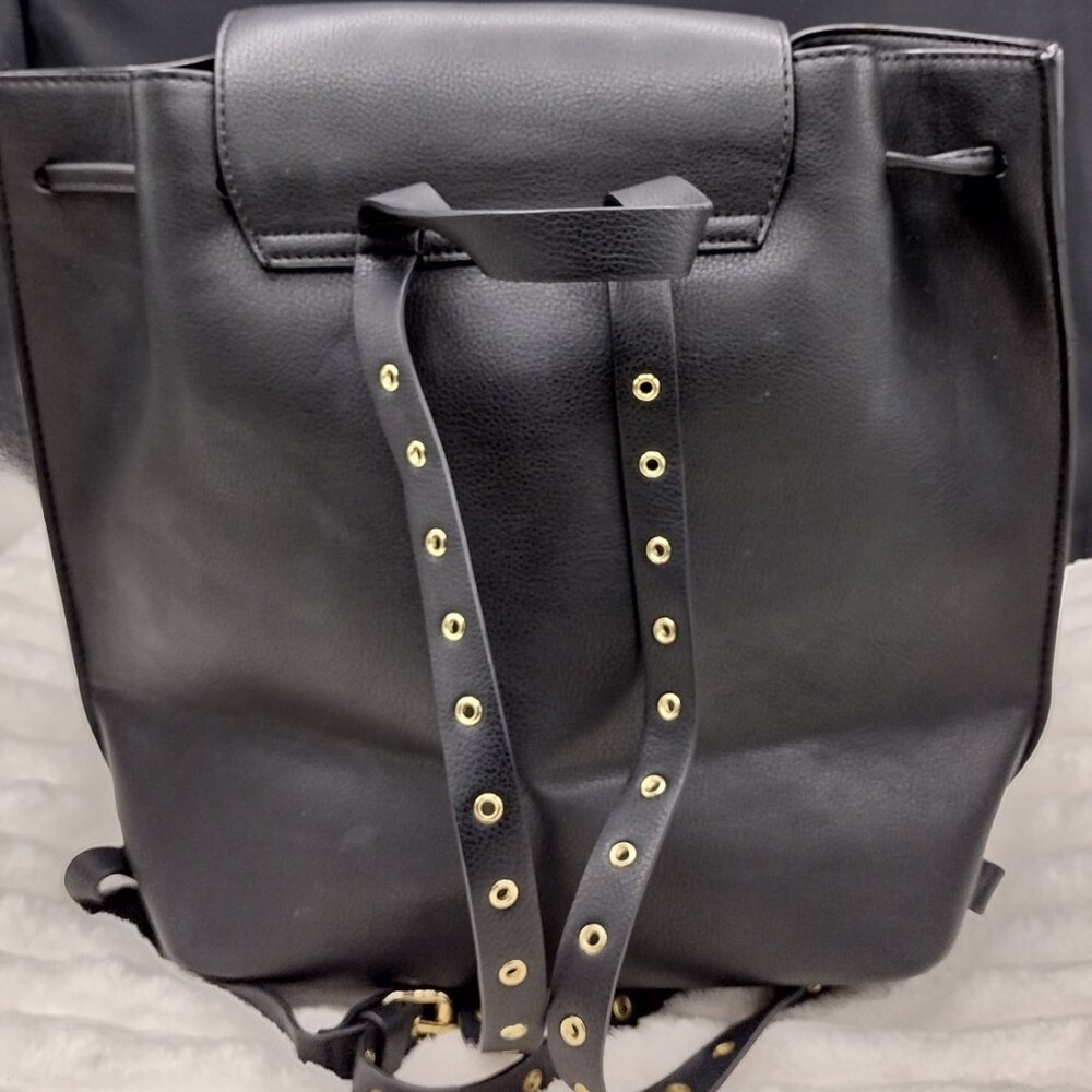 Zara Black Faux Leather Backpack Gold Hardware Flap Drawstring Adjustable Straps - Picture 9 of 13